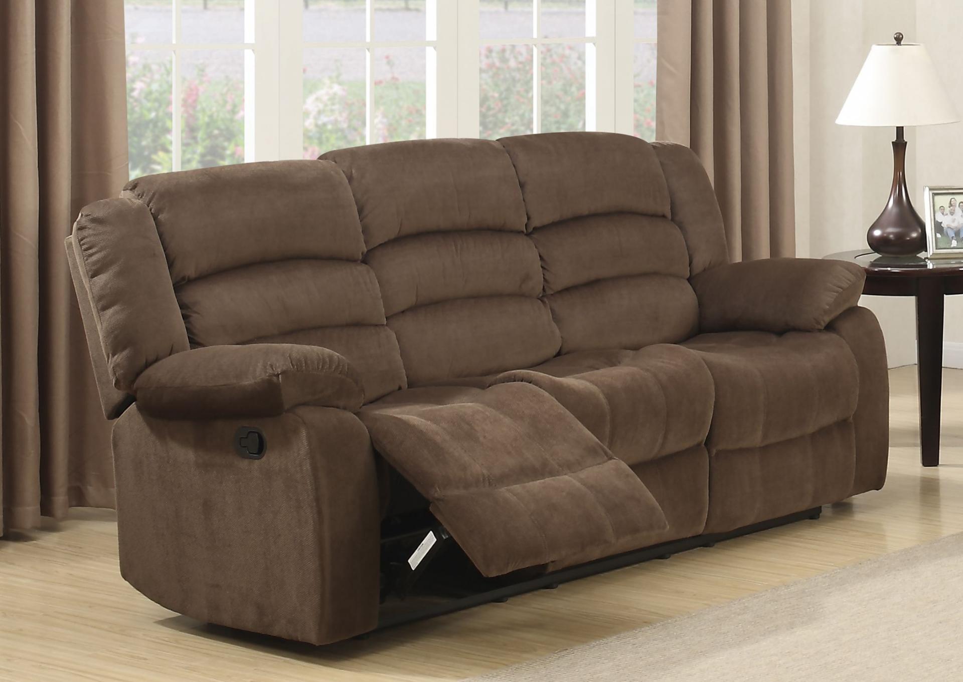 Dual Reclining Brown Fabric Sofa and Dual Reclining Love Seat with Pull Cables